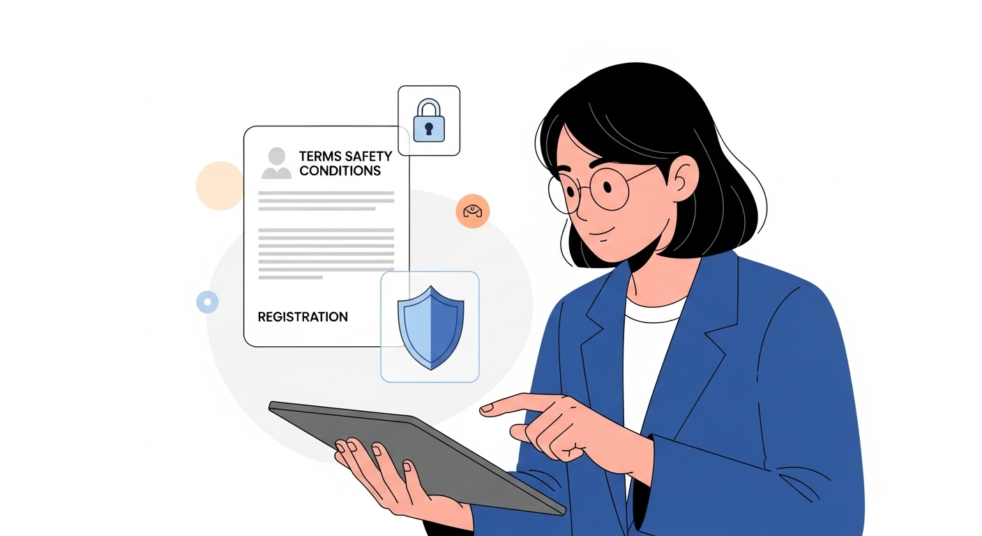 신규 회원 가입 시 유의사항 및 추가 혜택 탐색 - 태블릿 화면으로 약관을 꼼꼼히 검토하는 한국인의 모습과 주변에 디지털 보안 아이콘들이 떠다니는 이미지.