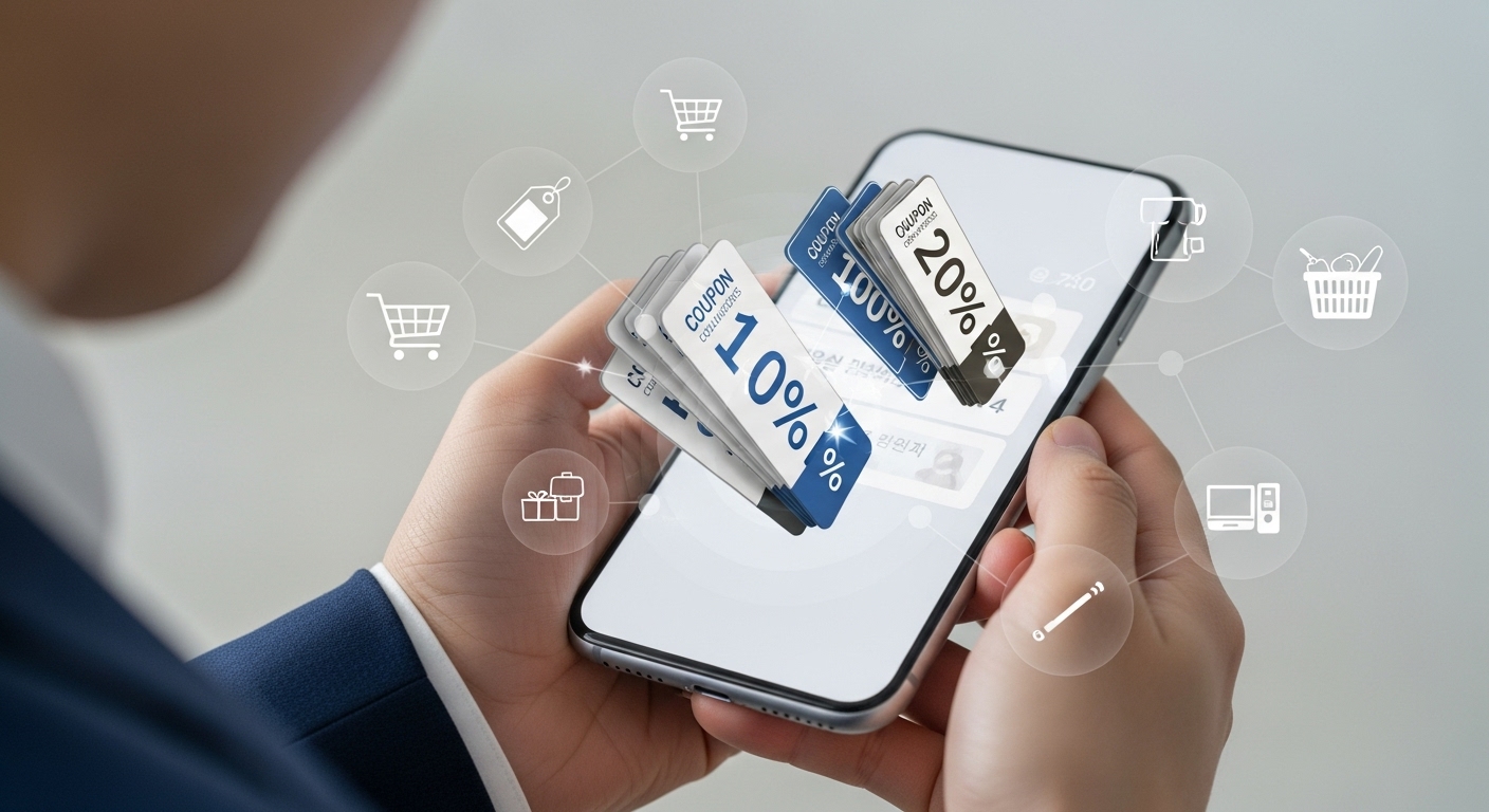 레딜 제로 할인쿠폰, 현명하게 활용하는 전략 - 여러 할인쿠폰과 포인트를 디지털 화면에서 전략적으로 조합하여 쇼핑하는 한국인의 모습. 배경에 다양한 상품 아이콘들이 보인다.
