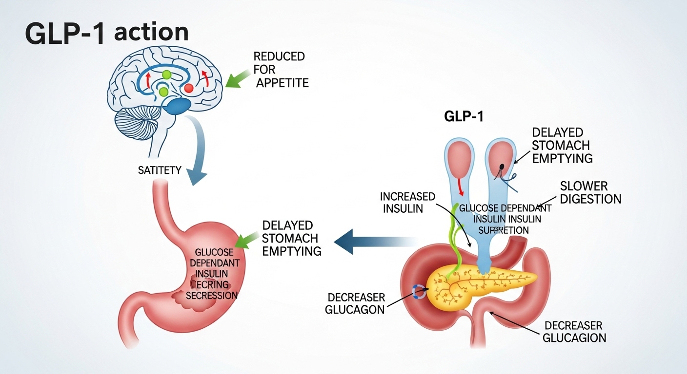 위고비(Wegovy)의 작용 기전과 일반적인 부작용 이해 - GLP-1이 뇌와 위장관에 미치는 영향을 시각화한 과학적인 다이어그램.