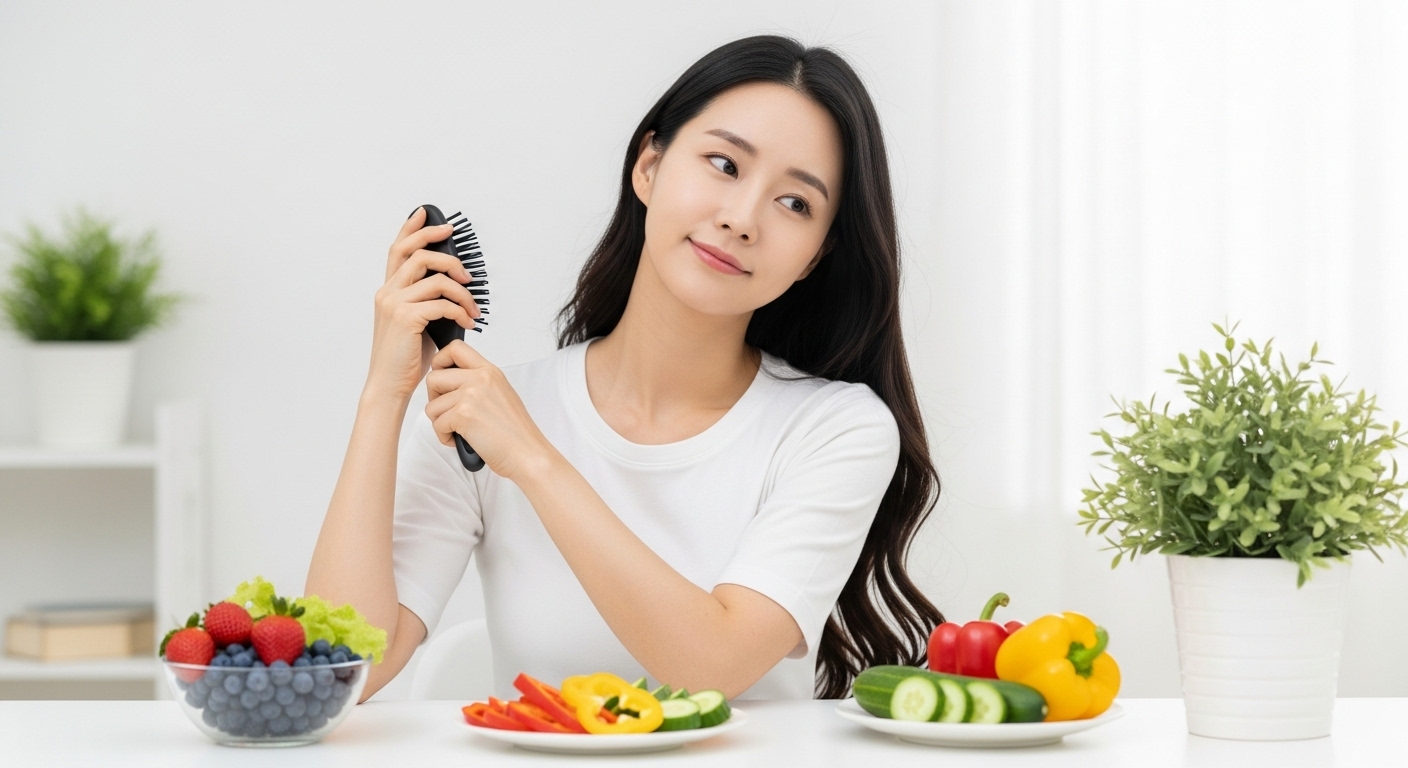 위고비 복용 중 발생하는 탈모의 원인과 관리 전략 - 머리를 빗는 한국 여성의 모습과 영양 및 스트레스 관리를 상징하는 요소들.