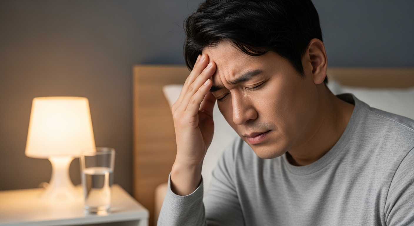 위고비 관련 두통 및 피로 증상의 심층 분석 및 해소 방안 - 머리를 부여잡고 피로감을 느끼는 한국 남성의 모습, 배경에는 수분 섭취와 휴식을 상징하는 요소들.