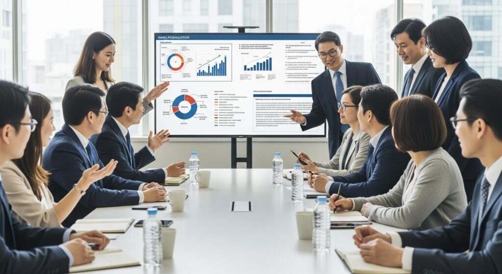 개발자, 정책 입안자, 게이머, 법률 전문가 등 다양한 한국 이해관계자가 현대적인 회의실에 모여 대형 화면에 차트와 법률 문서가 표시되는 가운데 게임 규제의 미래에 대해 논의했습니다.