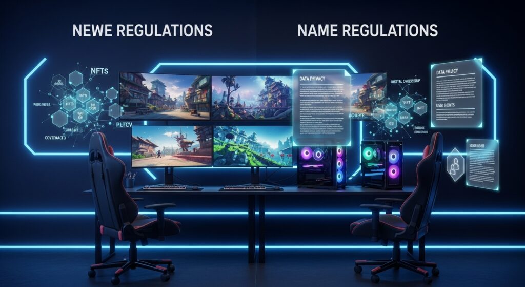 "기존" 게임 규정과 "신규" 게임 규정을 나타내는 분할 이미지입니다. 한 면에는 구식 게임 콘솔과 법률 문서가, 다른 한 면에는 최신 게임 설정, 블록체인 요소, 그리고 업데이트된 디지털 정책 문서가 표시되어 있으며, 진행 상황을 보여주는 명확한 구분선이 있습니다.