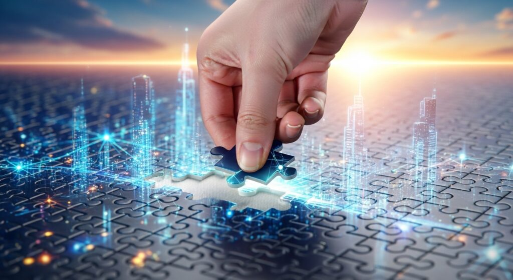 A Korean hand carefully placing a final puzzle piece into a complex, glowing puzzle that represents the new Game Industry Act, with a bright future horizon in the background, symbolizing careful implementation and future success.