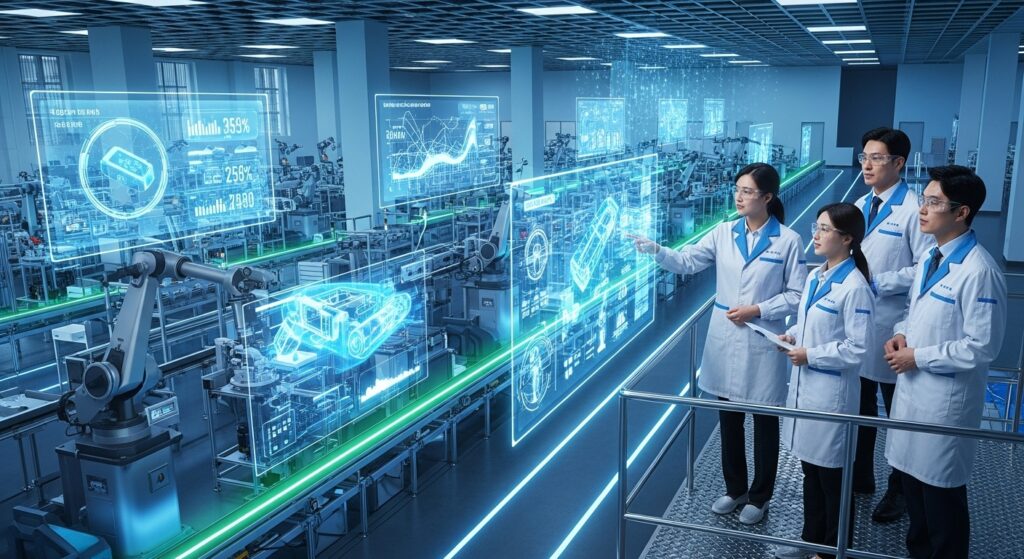 첨단 로봇 기술과 자동화된 컨베이어 벨트, 그리고 숙련된 한국인 기술자들이 디지털 인터페이스 작업을 공동으로 감독하는 모습이 어우러진 활기차고 현대적인 한국의 공장 현장입니다. 밝고 효율적인 분위기는 인간의 전문성과 최첨단 기술의 조화를 상징합니다.