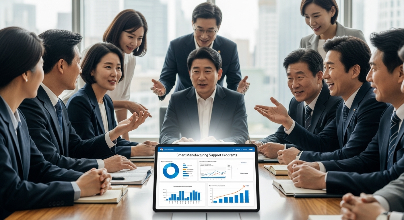 다양한 정부 지원, 세제 혜택, 연구개발 보조금, 규제 개혁 등을 생생하고 상세하게 보여주는 인포그래픽은 복잡한 기계의 톱니바퀴처럼 서로 연결되어 스마트 제조 특별법의 포괄적인 성격을 상징합니다. 인포그래픽에는 한국적 디자인 요소를 미묘하게 반영해야 합니다.