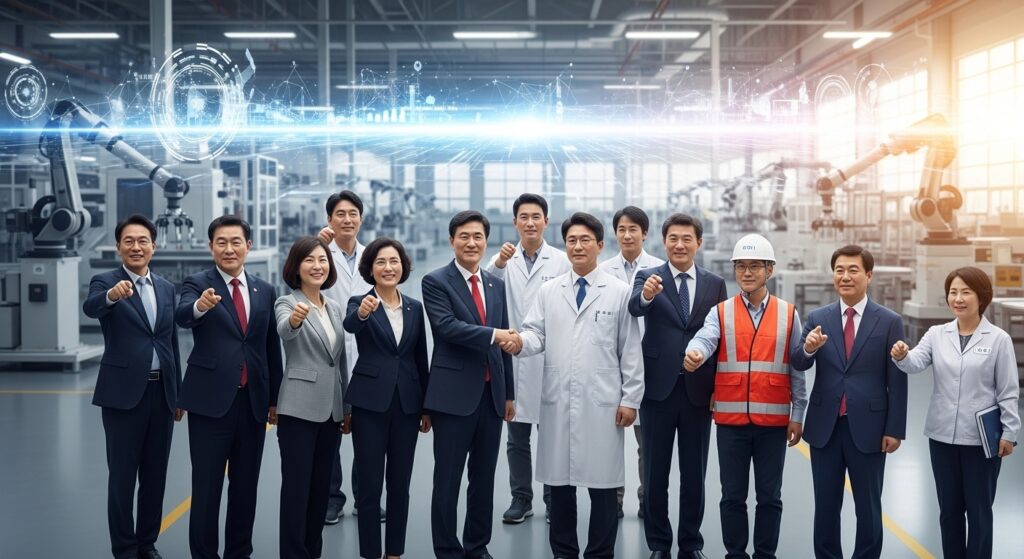 은은하고 낙관적인 빛으로 물든 미래형 한국 산업단지의 새벽 풍경. 이 단지는 상호 연결된 스마트 공장, 전용 차로를 따라 운행되는 자율주행차, 풍력 터빈, 그리고 싱그러운 녹지 공간을 갖추고 있어 지속 가능하고 효율적인 제조를 상징합니다.