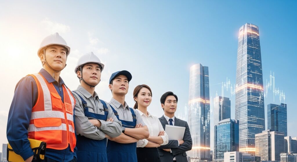 건설 노동자, 제조업 종사자, 소상공인 등 다양한 국적의 한국 기업인들이 함께 자신감을 가지고 함께하며 상생과 공정거래를 상징합니다. 이들은 탄탄하고 안정적인 금융 시스템을 바탕으로 밝고 번영하는 미래를 향해 나아가고 있습니다.