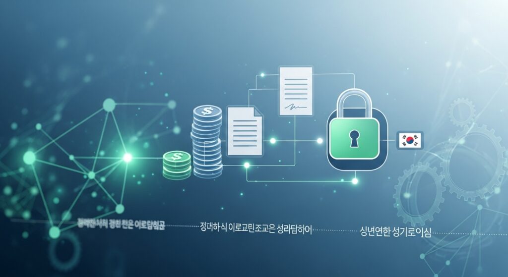 돈, 계약서, 자물쇠를 나타내는 아이콘으로 안전한 전자 결제 거래를 보여주는 양식화된 디지털 인터페이스입니다. 배경에는 상호 연결된 네트워크와 기어가 은은하게 표현되어 효율성과 보안성을 시사합니다. 한국적인 요소가 미묘하게 녹아들어 있습니다.