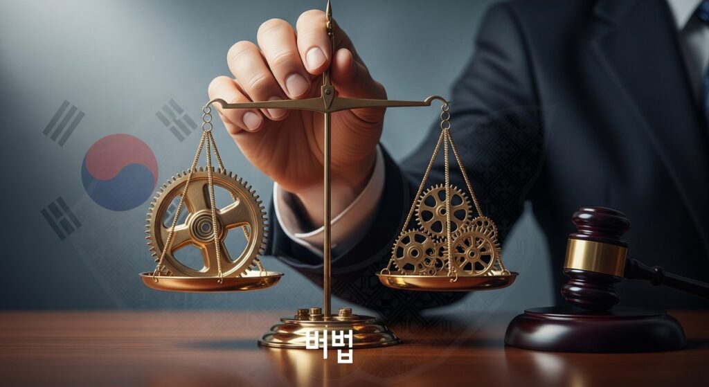 저울을 든 강한 손이 크고 작은 톱니바퀴를 균형 있게 잡고, 그 옆에 의사봉이 놓여 있는 상징적인 이미지입니다. 전반적인 인상은 사업 환경에서 정의와 공정한 규제가 구현된다는 것입니다. 한국의 법률 기호가 미묘하게 어우러져 있습니다.