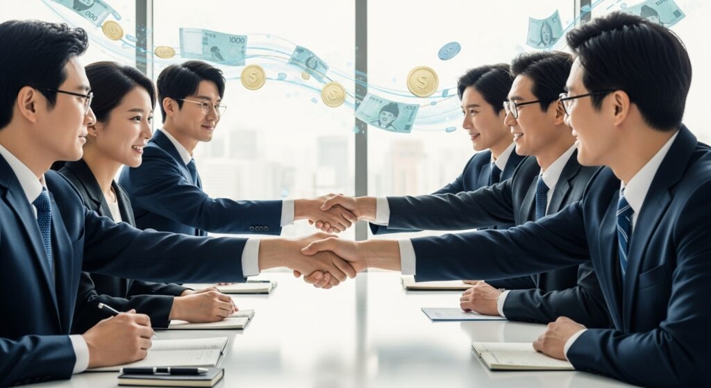 다양한 국적의 한국 기업인들(대기업과 중소기업 대표)이 테이블을 사이에 두고 악수하며 상호 성장과 협력을 상징합니다. 배경에서는 자금이 안정적으로 흐르고 있어 재정적 안정과 지원을 상징합니다.