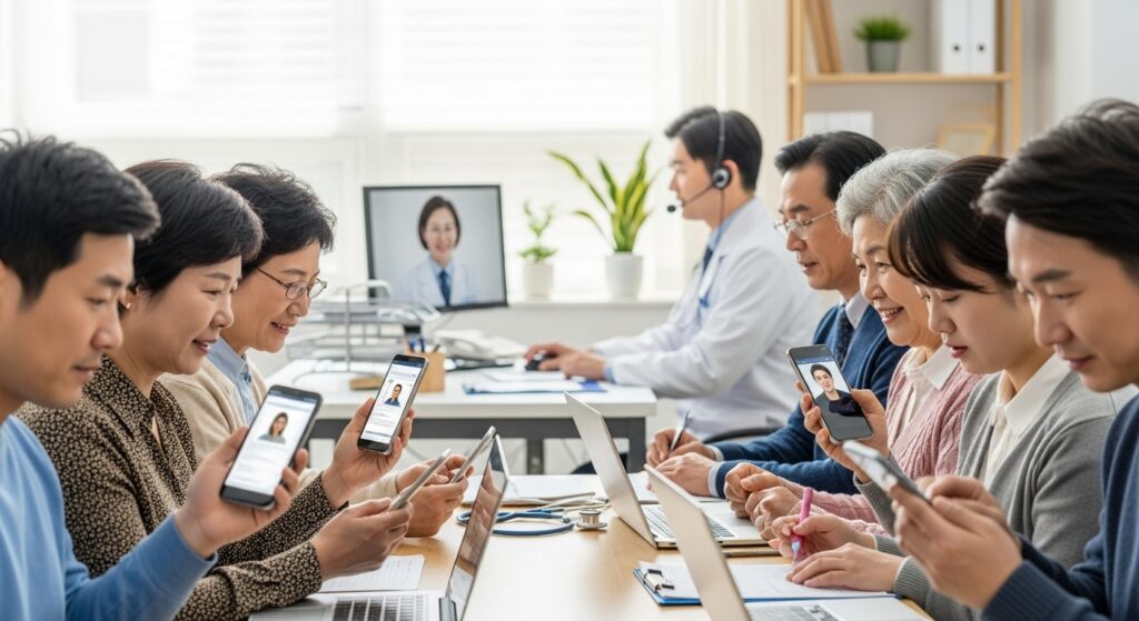 노인, 청소년, 장애인 등 다양한 계층의 한국인들이 스마트폰과 노트북을 통해 의료 서비스에 접근하는 모습과, 진료소에서 의료진이 화상 통화로 환자와 상담하는 모습입니다. 이러한 모습은 원격 진료의 편리함과 전통적인 의료 환경의 균형을 잘 맞춰야 합니다.