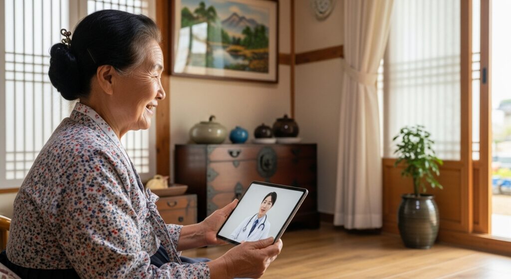 시골에 사는 한 한국계 노인 여성이 태블릿으로 원격 진료를 받으며 미소 짓고 있습니다. 의사는 화면을 통해 환자를 진찰하며 환자를 진찰합니다. 이 서비스는 취약 계층의 접근성과 편의성 향상에 중점을 두고 있습니다.