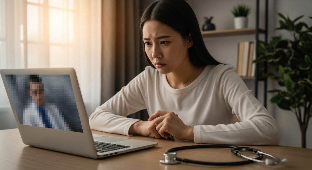 한 한국인 환자가 원격 진료 중 흐릿하거나 픽셀화된 화면을 보며 걱정스러워하는 모습을 보이는데, 이는 명확한 진단이나 개인적인 유대감이 부족함을 시사합니다. 근처 책상 위에는 사용하지 않은 청진기가 놓여 있어 원격 진료의 한계를 상징적으로 보여줍니다.