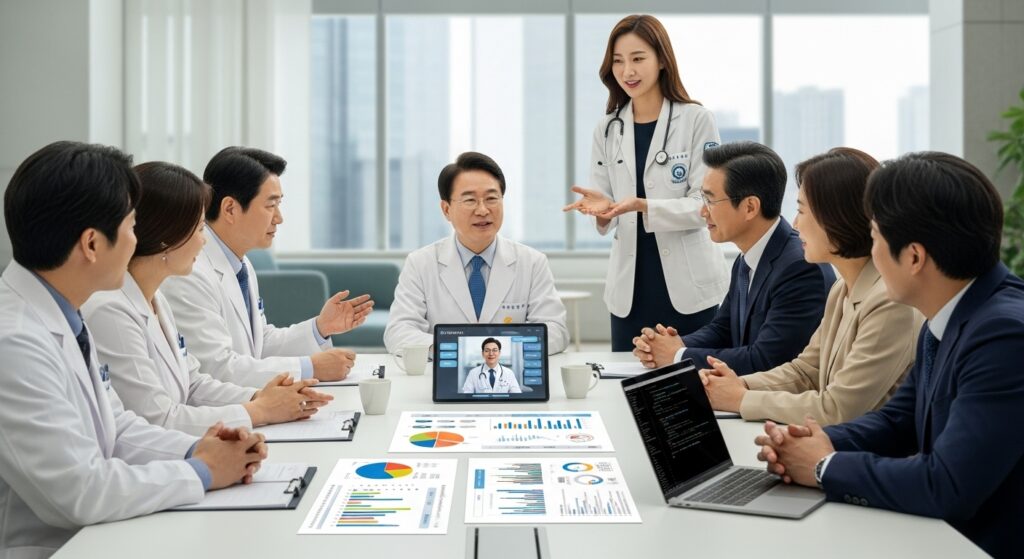 다양한 한국 이해관계자(의사, 정부 관계자, 환자, 기술 개발자)가 테이블에 둘러앉아 차트와 디지털 인터페이스를 전시하며 건설적인 대화를 나누었습니다. 이는 원격 의료 상담의 미래를 위한 협력적인 문제 해결을 상징합니다.