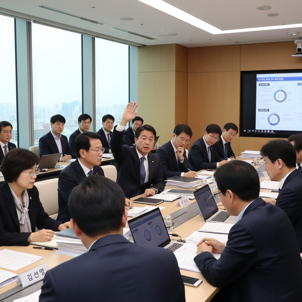 한국의 한 시골 마을 광장에서 마을 주민들이 모여 앉아 진지한 얼굴로 전통 소싸움의 미래에 대해 토론하는 모습. 한편으로는 젊은 세대들이 스마트폰으로 관련 뉴스를 찾아보는 모습도 보인다.