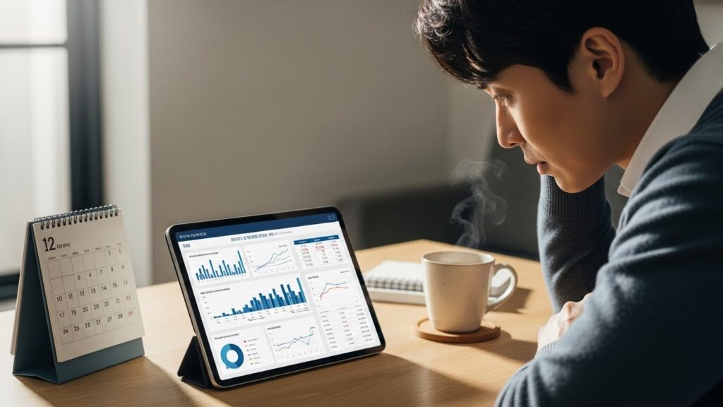 한 한국인이 책상에 앉아 연금 관련 그래프와 숫자가 표시된 태블릿을 뚫어지게 바라보고 있습니다. 그 옆에는 작은 달력과 차 한 잔이 놓여 있고, 그 안에는 부드러운 자연광이 가득합니다.