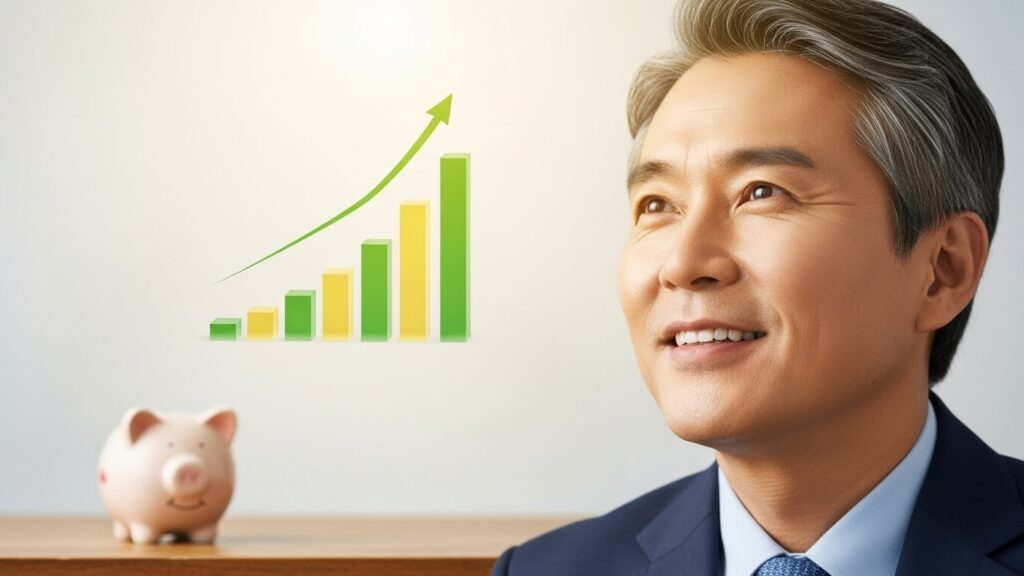 40대 또는 50대의 단호한 한국인이 밝은 미래를 향해 자신감 넘치는 표정으로 바라보고 있습니다. 배경에는 돼지 저금통이나 돈 모이는 그래프와 같은 은은한 시각적 요소가 있어 재정 계획과 성장을 상징합니다.
