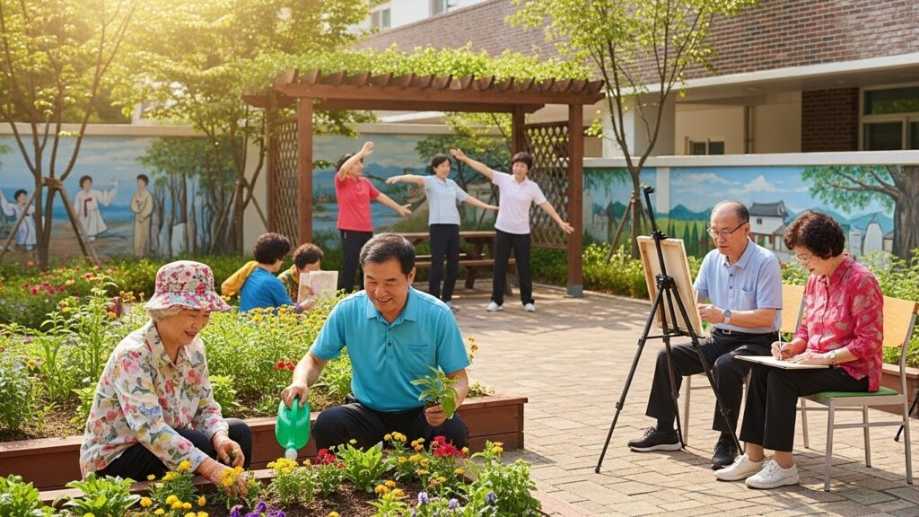 활기찬 지역 사회 환경에서 정원 가꾸기, 그림 그리기, 가벼운 운동 등 다양한 활동을 즐기는 한국인 노인들의 모습은 건강하고 잘 계획된 은퇴 생활을 상징합니다.