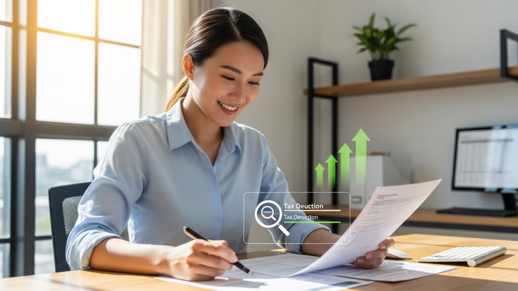 깔끔하고 현대적인 사무실 환경에서 서류를 보며 미소 짓는 한국인 전문직 종사자의 밝고 낙관적인 모습을 담은 이미지입니다. 위쪽으로 향하는 화살표와 세금 양식 위에 돋보기가 은은하게 겹쳐져 있어 세금 혜택과 신중한 재정 계획을 상징합니다.