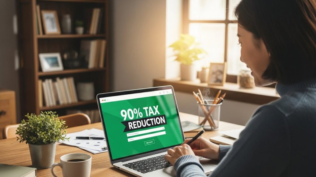 책상에 앉아 노트북으로 온라인 양식을 열정적으로 작성하는 한국인의 모습. 화면에는 "90% 세금 감면"이라는 문구가 선명하게 떠 있다. 아늑한 홈 오피스는 온라인 신청의 편리함을 상징한다.