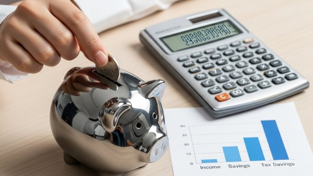 세련되고 모던한 돼지 저금통에 동전을 조심스럽게 넣는 한국인의 손을 클로즈업한 사진입니다. 그 옆에는 계산기와 세금 절감을 보여주는 간략한 막대 그래프가 있는데, 이는 현명한 재정 관리와 수익 극대화를 강조합니다.