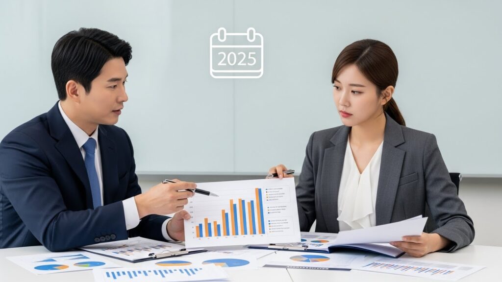 전문적인 한국인 남성과 여성이 문서와 차트에 대해 논의하고 있으며, 배경에는 2025년을 나타내는 미묘한 달력 아이콘이 있습니다. 전반적인 분위기는 집중적이고 협력적입니다.