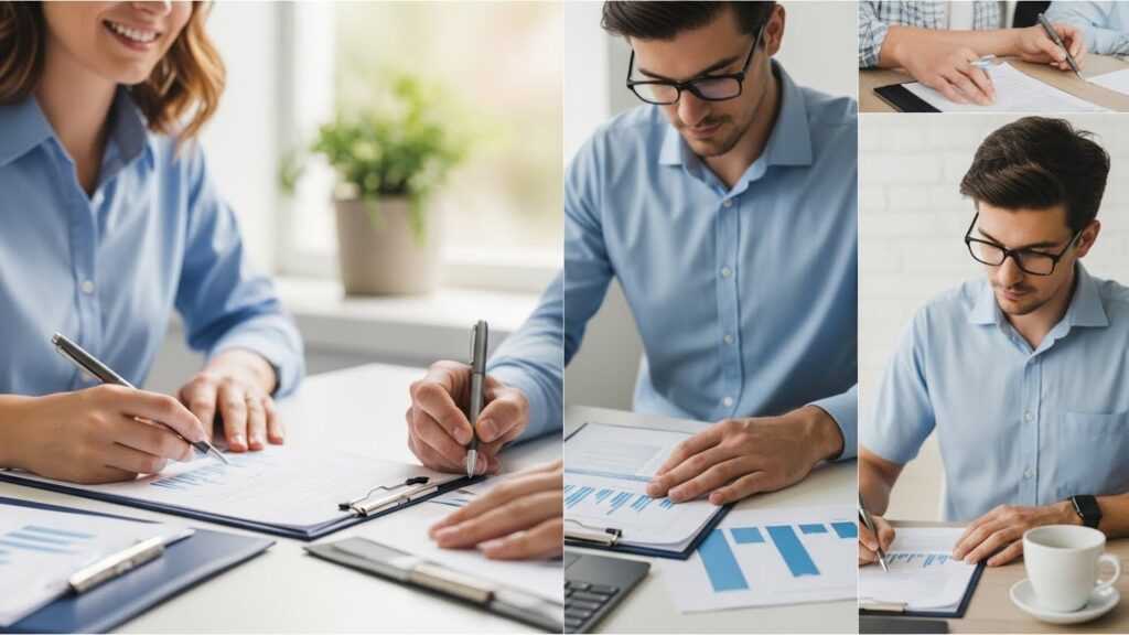 젊은 부부, 미혼 전문직 종사자, 자녀를 둔 가족 등 다양한 한국인들이 각자의 세무 서류를 심사숙고한 표정으로 검토하고 있습니다. 각 개인 또는 그룹은 서로 다른 납세자 유형을 나타내며, 상황에 따라 미묘한 시각적 단서(예: 유모차, 집 열쇠)를 보여줍니다.