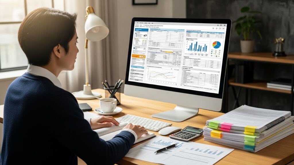 한국인이 책상에 앉아 복잡하지만 체계적으로 정리된 세금 양식이나 재무 대시보드가 ​​표시된 컴퓨터 화면을 뚫어지게 쳐다보고 있다. 책상 위에는 다양한 종이 문서와 계산기가 놓여 있어 적극적인 세무 계획 및 관리를 보여준다.