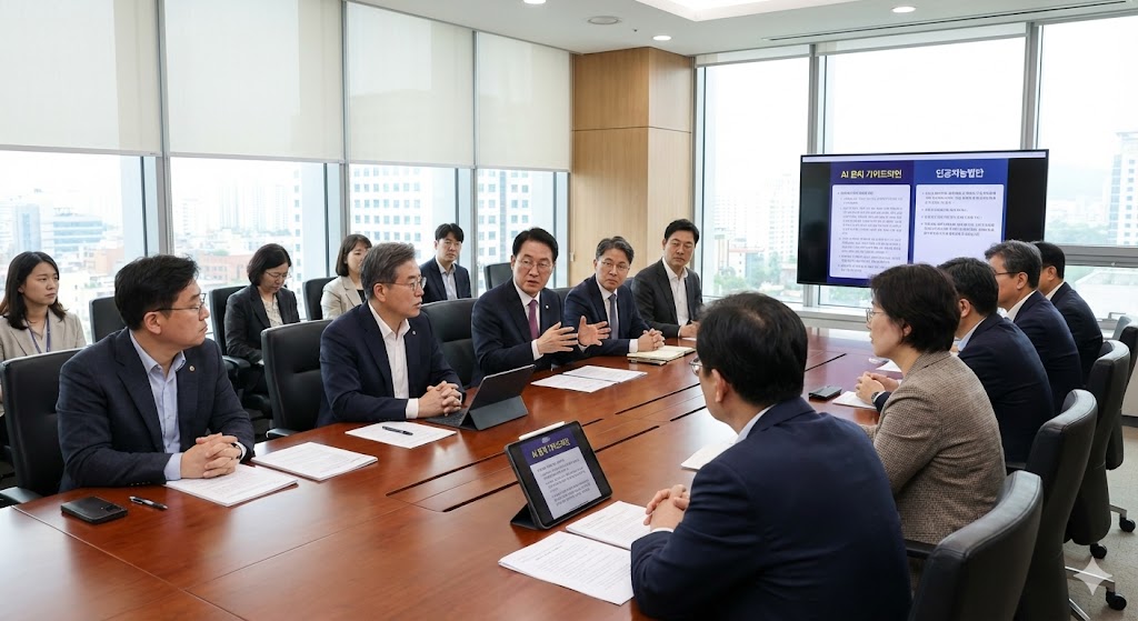 한국 정부 관계자, 연구원, 윤리학자들이 커다란 테이블에 둘러앉아 AI 윤리와 규제 체계 관련 문서와 자료를 검토하며 진지한 토론을 벌이고 있습니다. 회의실에는 복잡한 법률 문서와 윤리 원칙을 보여주는 디지털 스크린이 설치되어 있습니다.