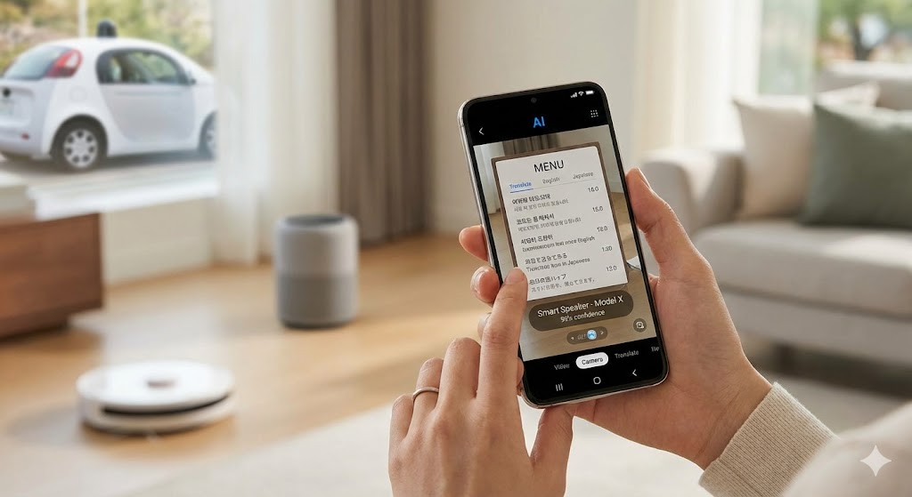 한 한국인의 손이 매끄러운 스마트폰을 들고 있는 모습이 클로즈업되어 보입니다. 스마트폰에는 실시간 언어 번역이나 사물 인식과 같은 AI 기능이 표시되어 있습니다. 배경에는 스마트 홈 기기와 자율주행 차량을 암시하는 흐릿한 요소들이 보이는데, 이는 엣지 AI와 온디바이스 AI가 일상생활에 널리 보급되고 있음을 보여줍니다.