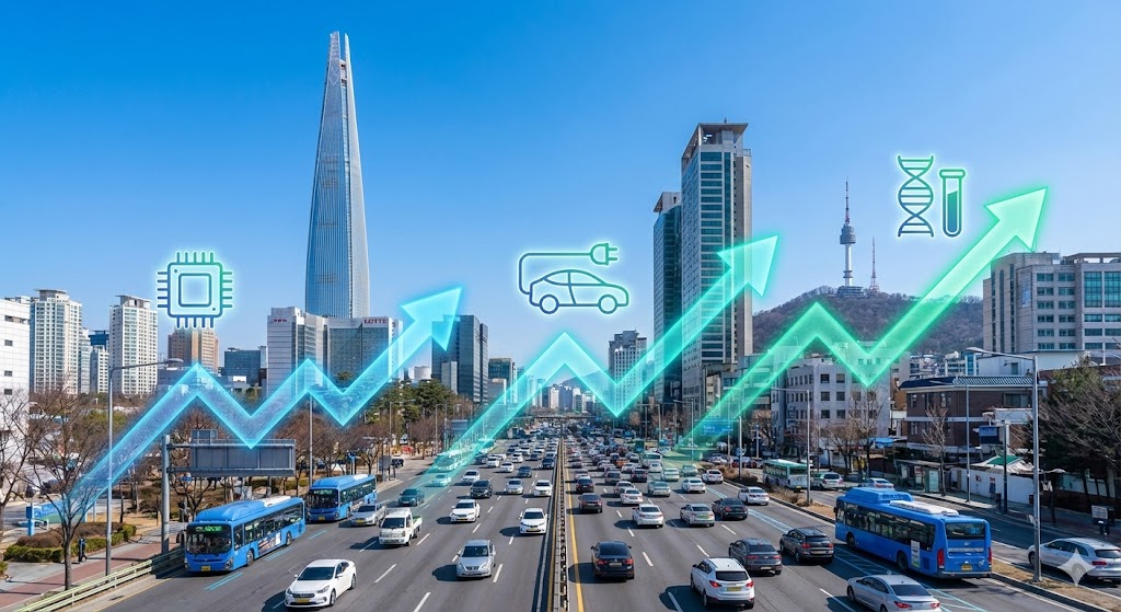 맑은 하늘 아래, 현대적인 고층 빌딩과 분주한 교통이 어우러진 활기차고 역동적인 서울의 도시 풍경이 펼쳐집니다. 반도체, 전기차, 바이오 기술 등 한국의 주요 산업을 나타내는 기호와 함께 경제 성장과 회복을 보여주는 상승 추세의 경제 그래프가 은은하게 겹쳐져 있습니다.