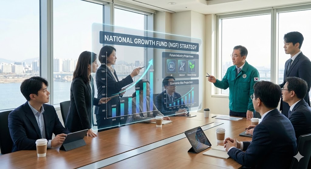 현대적이고 밝은 회의실에 모인 다양한 한국 기업인, 정부 관계자, 연구원들이 대형 홀로그램 디스플레이에 비친 경제 성장 차트와 미래 산업 전망을 바라보며 '국가성장기금'에 대해 공동의 목표 의식을 갖고 논의하고 있습니다.