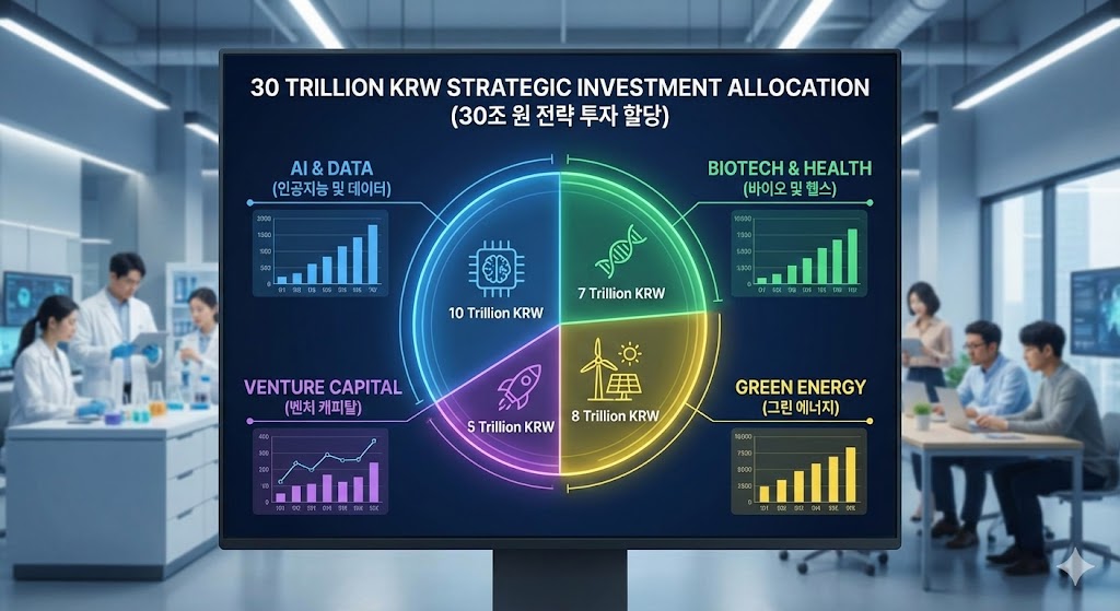 인공지능(AI), 바이오, 녹색에너지, 벤처캐피탈 등 다양한 전략 분야에 30조 원이 어떻게 배분될지 상세하게 보여주는 인포그래픽이 화면에 펼쳐집니다. 현대적인 디자인 요소와 차트, 아이콘을 활용하고, 배경에는 다양한 한국 기업가와 혁신가들의 모습이 담겨 있습니다.