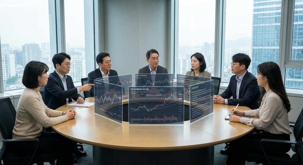 금융 분석가와 정책 입안자를 포함한 다양한 한국 전문가들이 원형 테이블에 둘러앉아 투명 스크린에 비친 복잡한 데이터 시각화 자료를 검토하며 진지한 토론을 벌이고 있습니다. 협력적이면서도 목표에 집중하는 분위기 속에서 기금의 장기적인 성공을 위한 전략 기획이 강조됩니다.