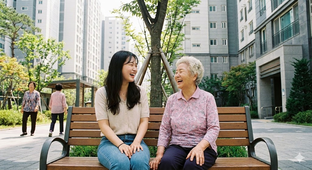 한국의 젊은 여성과 노년의 여성이 공공 임대 아파트 단지의 벤치에 앉아 밝게 웃으며 대화하는 모습. 배경에는 잘 관리된 공공 임대 아파트 건물이 보인다.