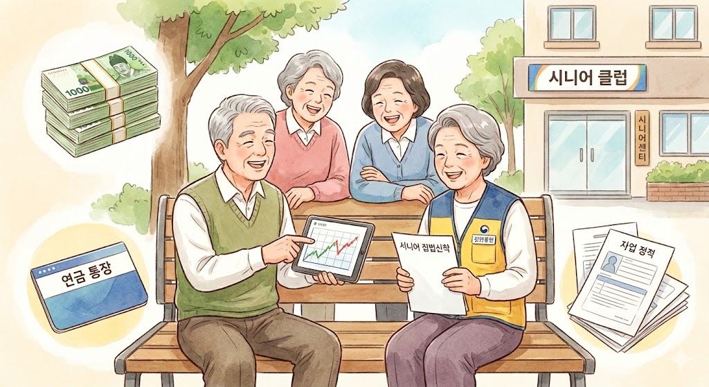 한국인 시니어들이 서로 웃으며 이야기를 나누고, 한 명은 태블릿으로 무언가를 보고 있고, 다른 한 명은 공공기관에서 일하는 듯한 모습의 일러스트. 그들 주변에는 돈다발, 연금 통장, 일자리 관련 서류 등이 상징적으로 배치되어 있다.