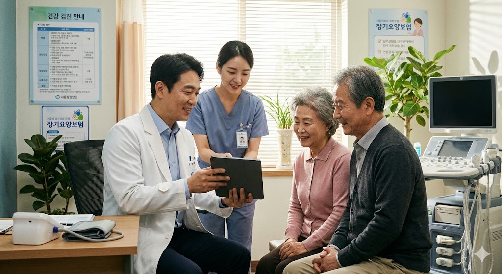 한국인 의사와 간호사가 인자한 표정으로 한국인 시니어 환자와 상담하며 건강 차트를 설명하는 모습. 주변에는 의료 기기, 건강 검진 장비, 장기요양 관련 안내문 등이 배치되어 있다. 전체적으로 따뜻하고 안심되는 병원 분위기.