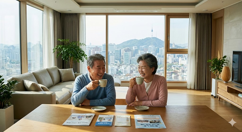 한국인 시니어 부부가 밝은 표정으로 깔끔하고 현대적인 아파트 거실에서 차를 마시며 대화하는 모습. 창밖으로는 도시 풍경이 보이고, 집 안에는 간병 서비스 안내 책자, 복지관 프로그램 포스터 등이 놓여 있다.