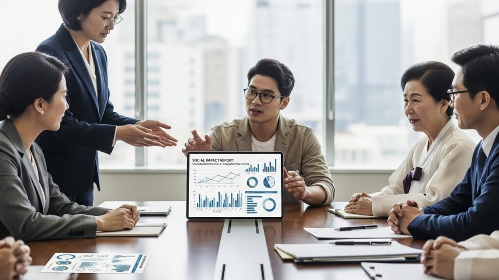 정부 관계자, 사회적 기업가, 지역 사회 지도자 등 다양한 한국 이해관계자들이 복잡한 데이터 시각화 자료와 영향 보고서가 표시된 태블릿이 놓인 테이블에 둘러앉아 사회적 영향에 대한 표준화된 측정 기준과 투명한 보고에 대해 논의하며 협력과 책임성을 강조했습니다.