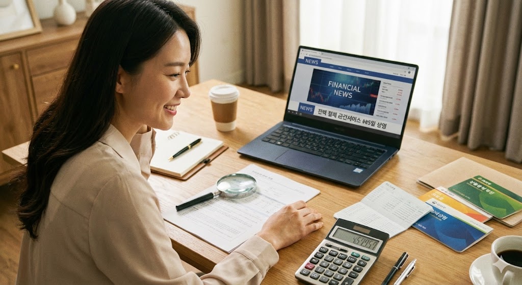 한 한국인 여성이 노트북으로 금융 관련 뉴스를 확인하며 미소 짓고 있다. 주변에는 돋보기, 계산기, 통장 등이 놓여 있어 재정 계획을 세우는 듯한 전문적인 분위기를 연출한다.