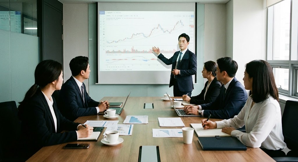 여러 명의 한국인 직장인들이 회의실에서 진지하게 토론하고 있다. 테이블 위에는 그래프와 서류들이 놓여 있고, 한 남성이 발표하며 다른 사람들이 경청하는 모습.