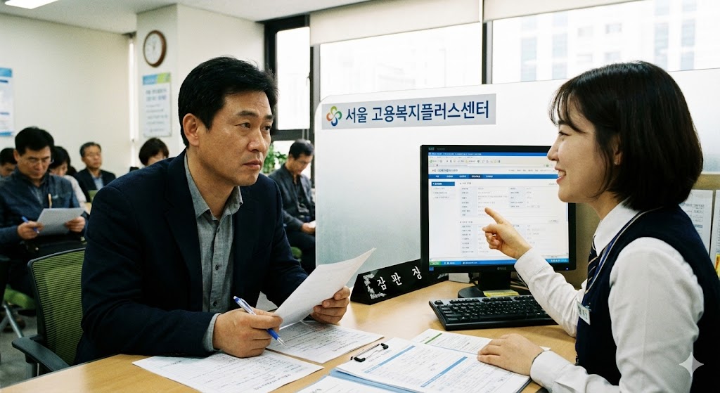 한국인 남성이 고용복지플러스센터를 방문하여 상담원과 진지하게 이야기를 나누고 있다. 상담원은 컴퓨터 화면을 보여주며 친절하게 설명하고, 남성은 서류를 들고 경청하는 모습.