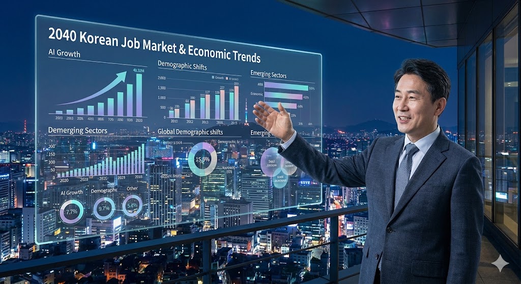 복잡한 도시 풍경을 배경으로, 다양한 그래프와 도표가 투명한 스크린에 오버레이되어 있다. 한 한국인 전문가가 스크린을 가리키며 미래 고용 시장과 경제 동향에 대해 설명하는 모습.