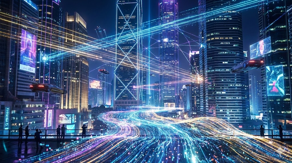 활기 넘치는 미래 도시 야경. 빛나는 디지털 선들이 다양한 건물들을 연결하며 견고한 기술 네트워크를 상징합니다. 전경에는 AI 데이터가 흐르는 추상적인 표현이 있고, 작은 사람 형상들이 그 흐름을 지켜보고 있습니다.