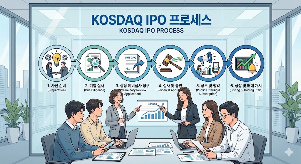 코스닥 IPO 절차의 복잡한 단계를 상세하게 보여주는 인포그래픽. 각 단계는 실사(확대경), 서류 더미(문서), 승인(망치)과 같은 아이콘으로 표현됩니다. 다양한 분야의 한국 비즈니스 전문가들이 밝고 현대적인 사무실에서 문서와 차트를 검토하며 협업하고 있습니다.