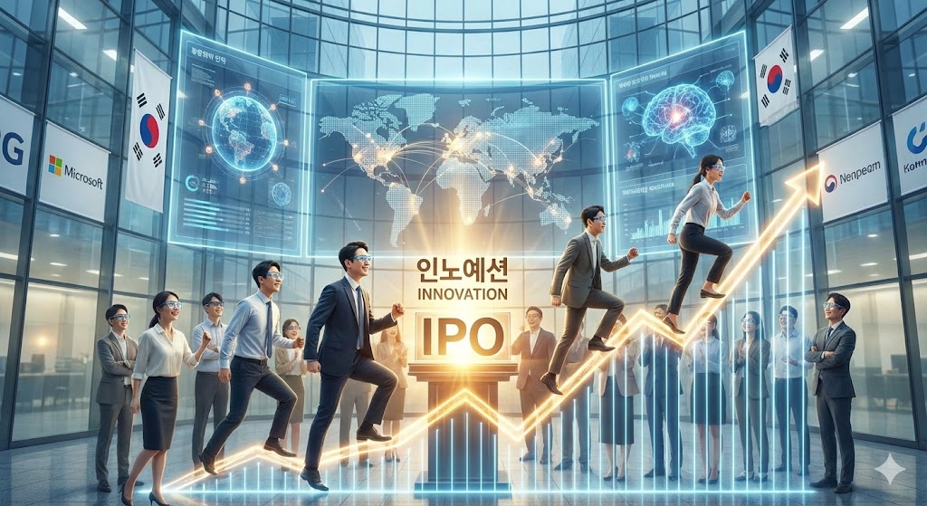 성공적인 한국 AI 기업의 미래 성장을 보여주는 생동감 넘치는 이미지. 수치들이 그래프처럼 상승 추세를 그리고 있으며, 배경에는 시장 확장과 혁신을 상징하는 글로벌 지도와 데이터 시각화가 펼쳐집니다. 중앙에서 밝은 빛이 뿜어져 나오는데, 이는 IPO의 영향력을 상징합니다.
