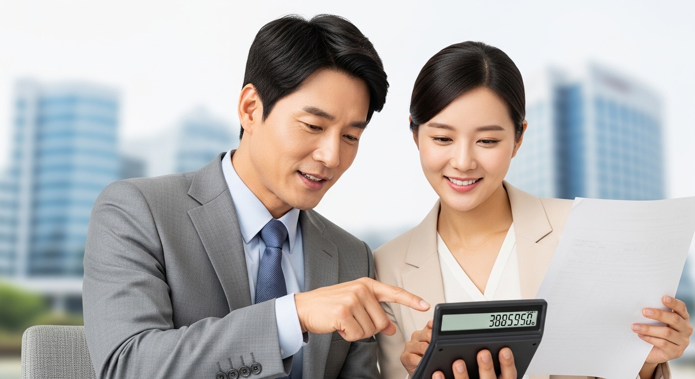 국세 납부대행수수료 인하, 주요 내용과 변화 - 한 명의 한국인 남성과 여성이 세금 서류와 계산기를 긍정적인 표정으로 살펴보고 있으며, 계산기 화면에는 숫자가 줄어드는 모습이 나타나 있다. 배경에는 정부 건물들이 흐릿하게 보인다.