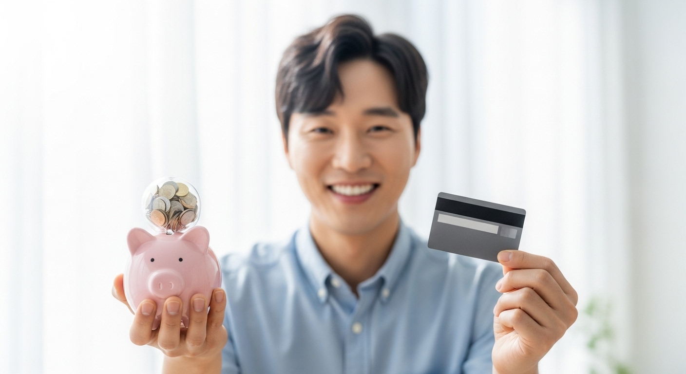 납세자들이 체감할 실질적인 혜택 분석 - 웃고 있는 한국인 한 명이 작고 가득 찬 돼지 저금통과 신용카드를 들고 있어 재정적인 절약과 현명한 지불을 나타낸다. 배경은 밝고 낙관적이다.