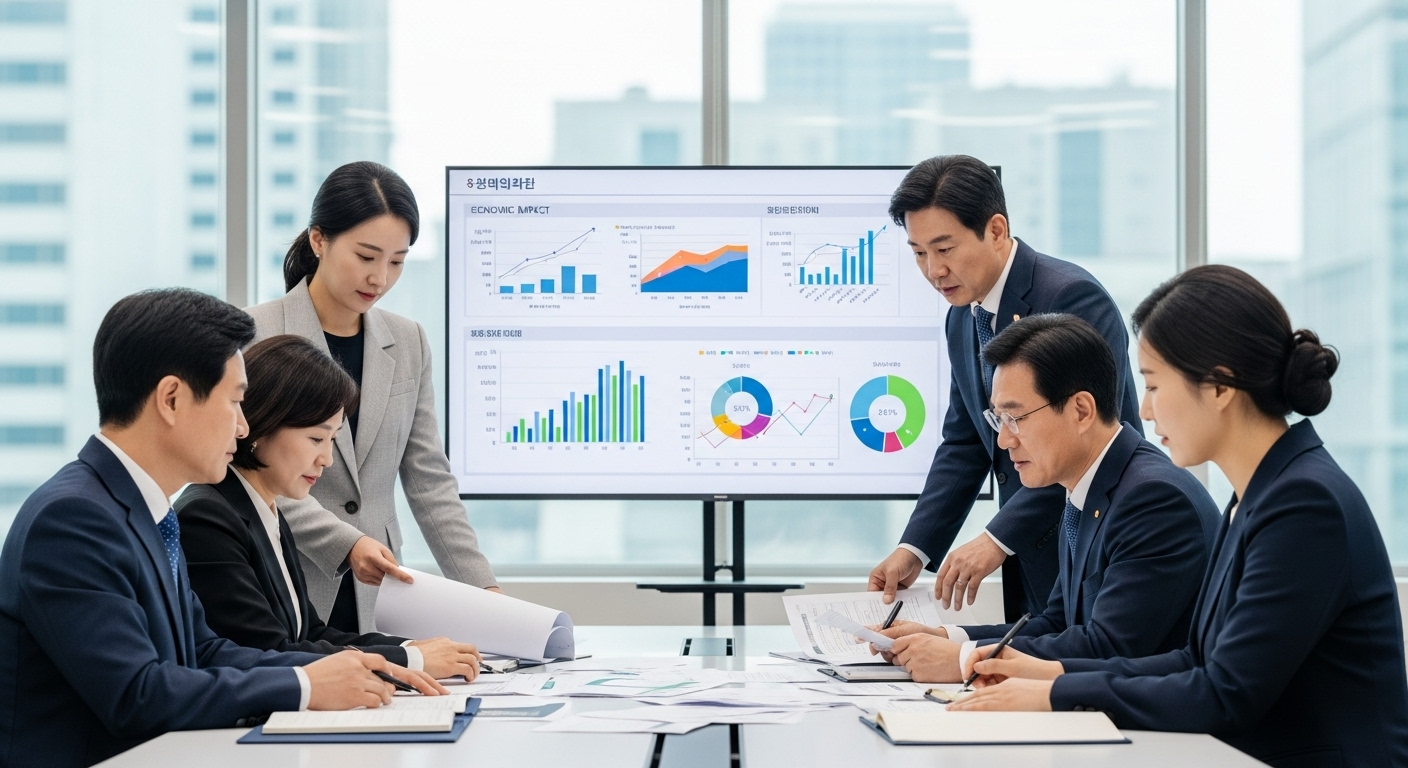 제도 개선의 배경과 정책적 의미 - 다양한 한국인 정부 관계자들이 현대적이고 밝은 조명의 회의실에서 정책 문서를 진지하게 논의하고 있으며, 큰 화면에는 경제적 영향 그래프가 표시되어 있다. 협력과 진지한 숙고의 분위기가 느껴진다.